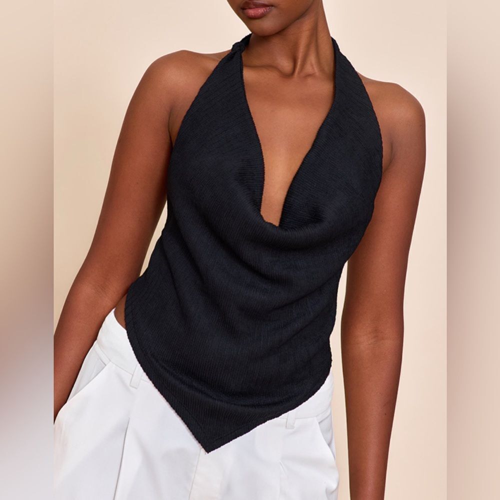 Pretty Little Thing Textures Knot Detail Cowl Neck Top Black Size 4 NWT